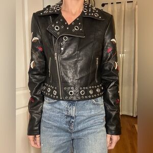 Black Studded Leather Jacket with Embroidery